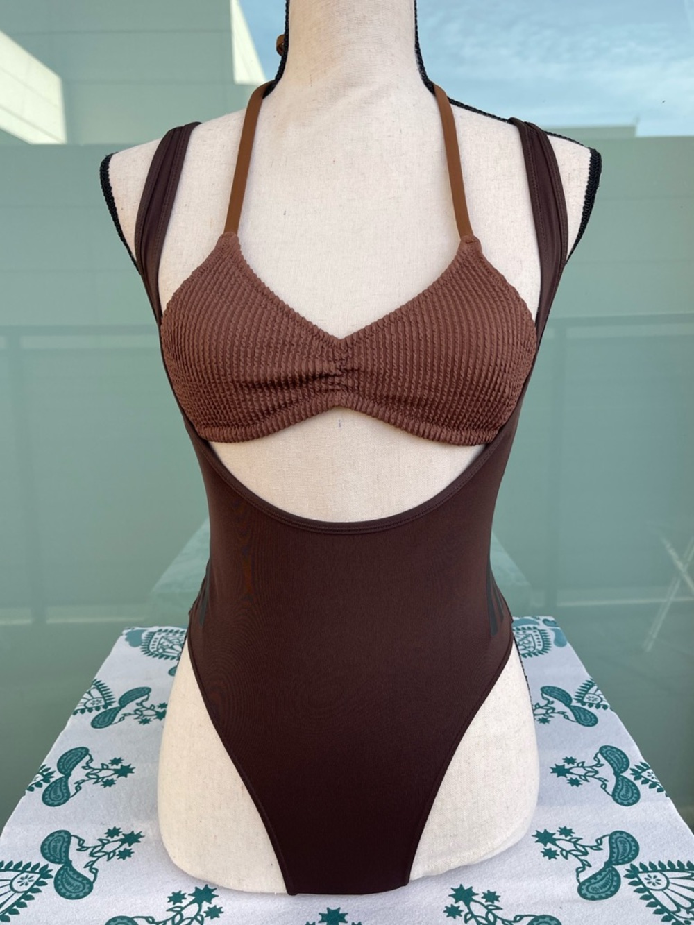 Adidas TrainIcons 3-Stripe Swimsuit Brown XS